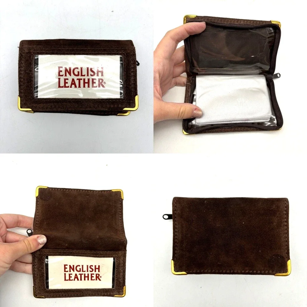 New Vintage English Leather Brown Suede Zip Around Bifold Photo Wallet 5x3.25
